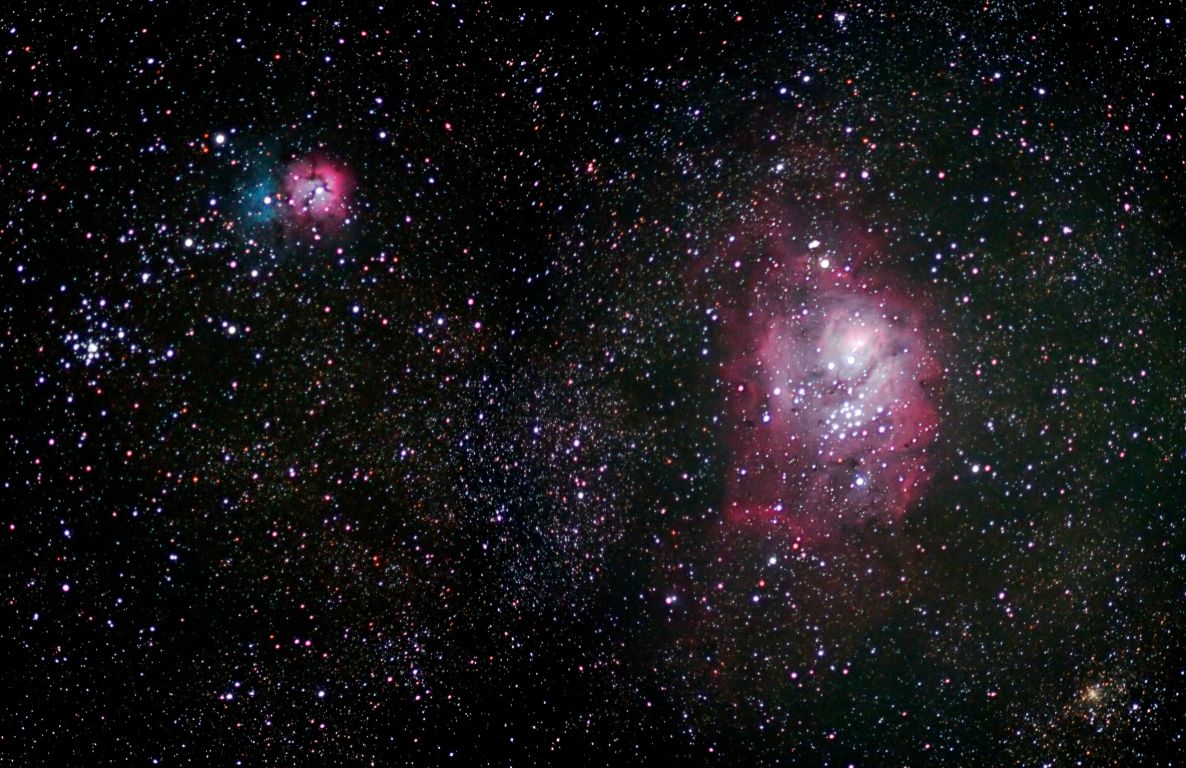 M8 (Lagoon Nebula), M20 (Trifid Nebula) and M21
